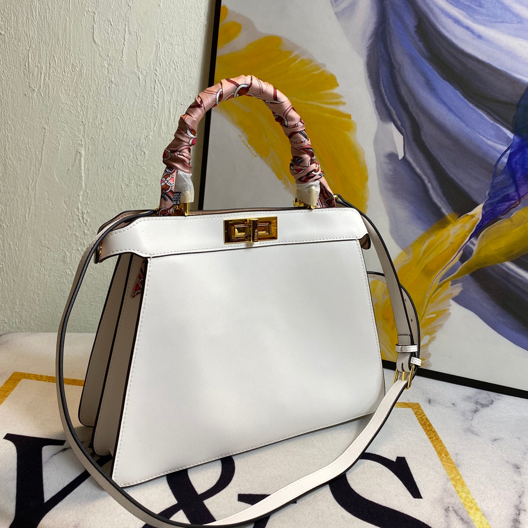 Elegant White Leather Top Handle Handbag with Scarf-Wrapped Handle and Crossbody Strap