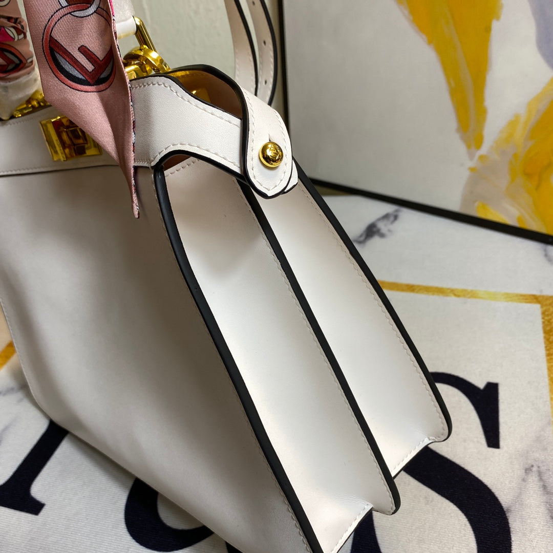 Elegant White Leather Top Handle Handbag with Scarf-Wrapped Handle and Crossbody Strap