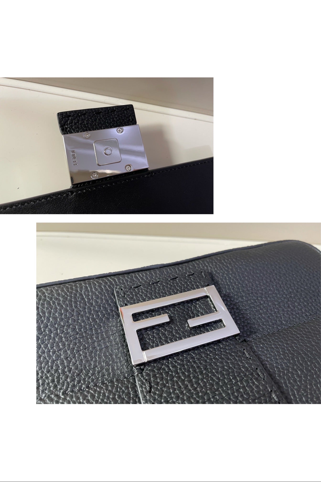 Fendi Black Leather Baguette Shoulder Bag with Silver FF Logo