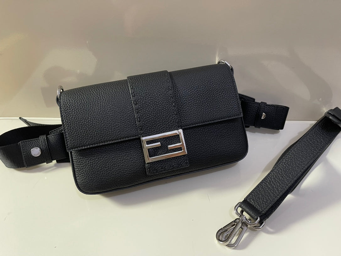 Fendi Black Leather Baguette Shoulder Bag with FF Buckle and Box