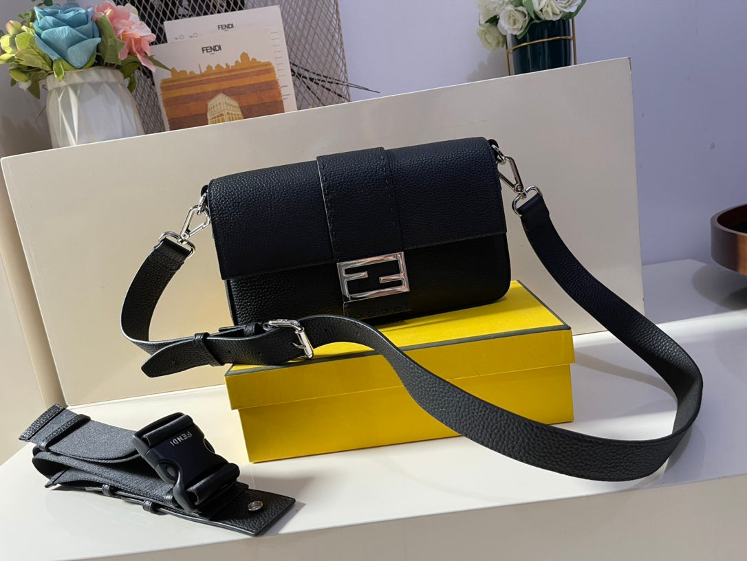 Fendi Black Leather Baguette Shoulder Bag with FF Buckle and Box