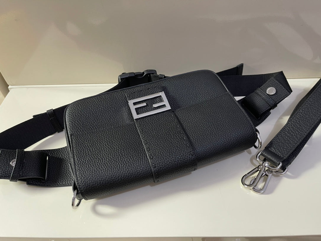 Fendi Black Leather Baguette Shoulder Bag with Silver FF Logo
