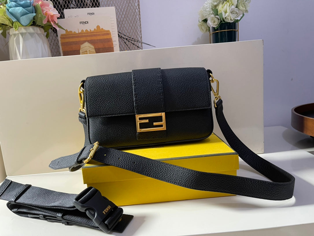 Fendi Black Leather Baguette Shoulder Bag with Gold-Tone FF Logo