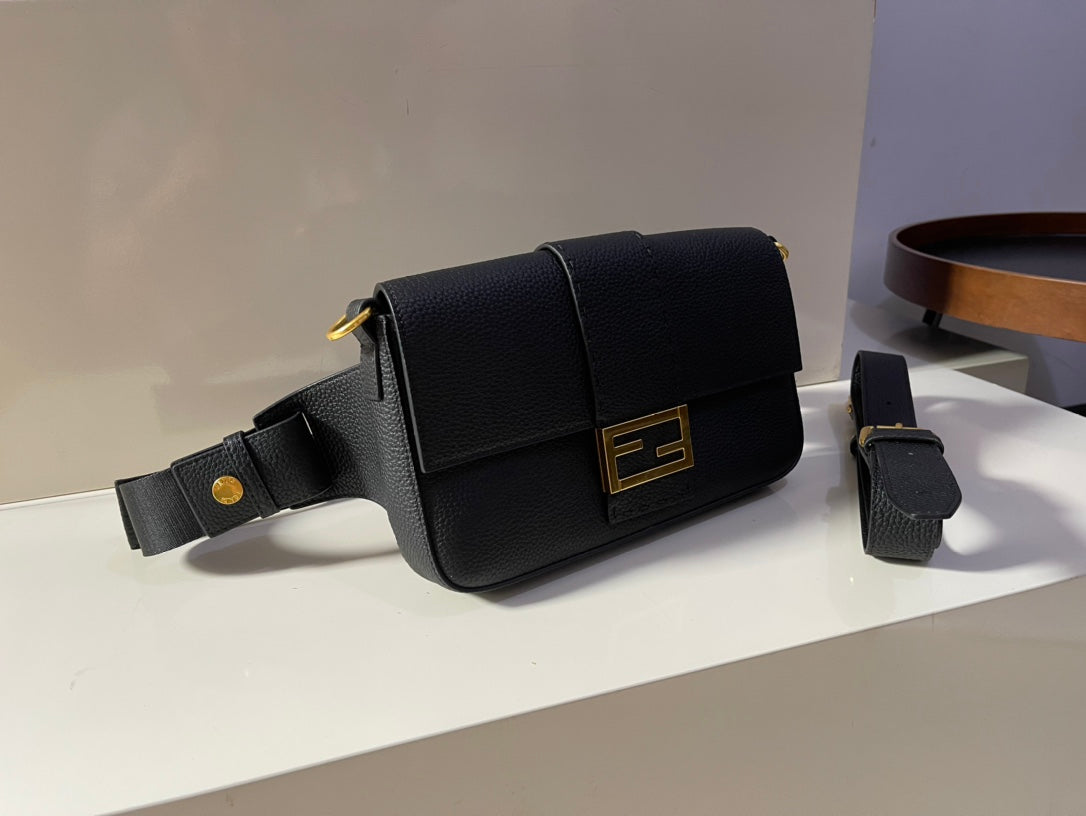 Fendi Black Leather Baguette Bag with Gold FF Hardware