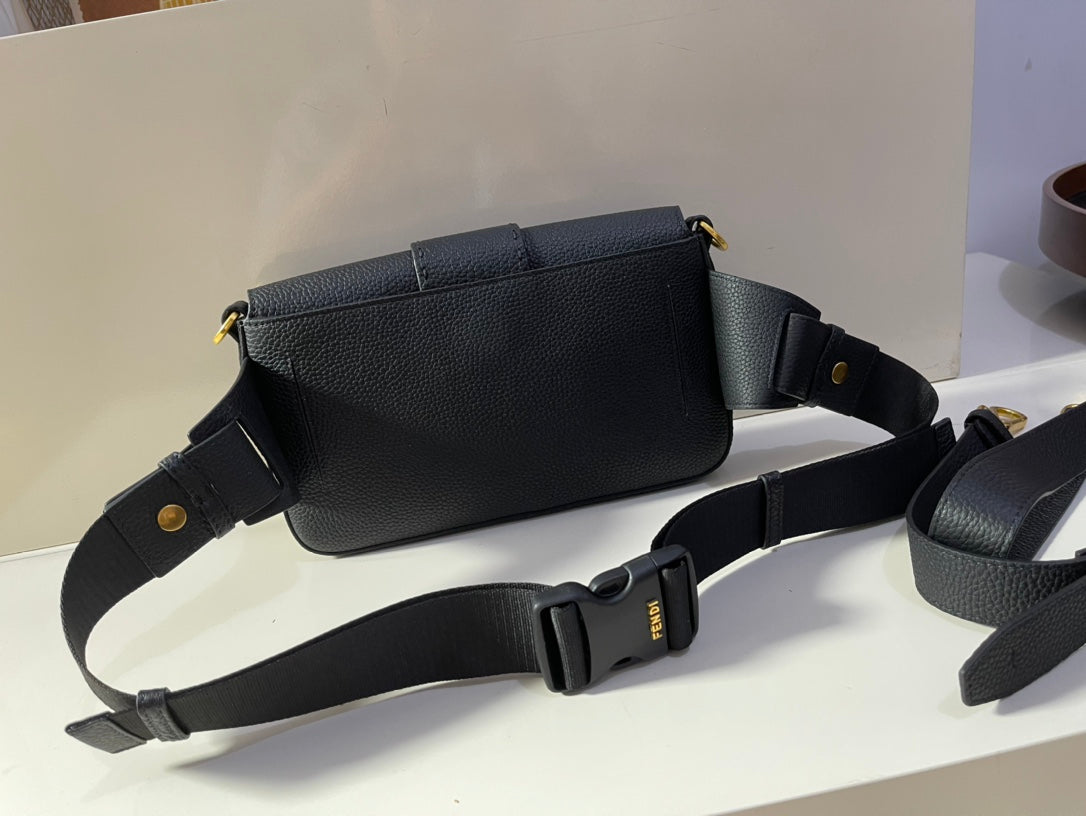 Fendi Black Leather Baguette Bag with Gold FF Hardware
