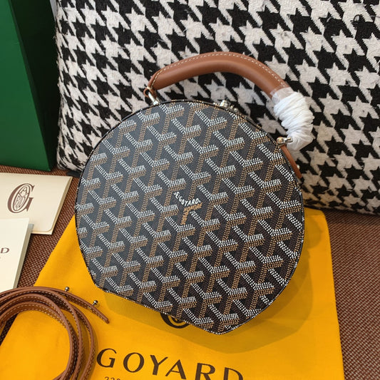 Gogy Classic Round Hat Box Top Handle Bag in Grey Chevron Canvas