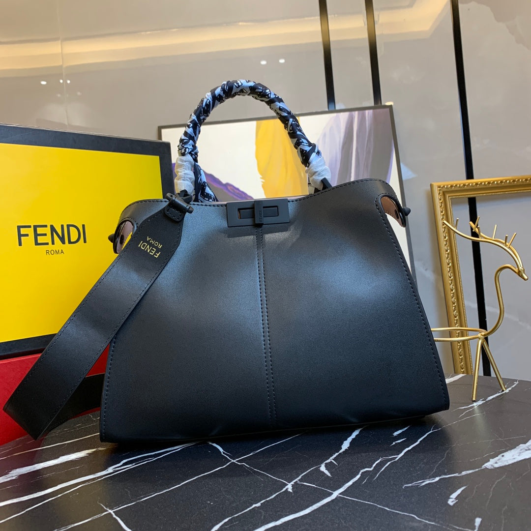 Fendi Peekaboo ISeeU Medium Black Leather Handbag with Silk Scarf
