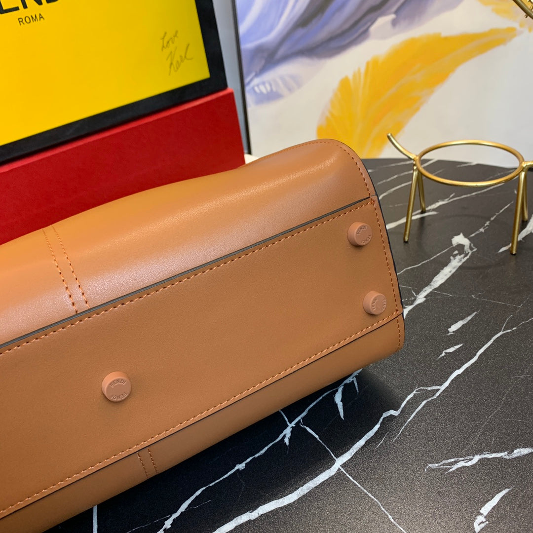 Fendi Peekaboo Brown Leather Handbag with Scarf-Wrapped Handle and Logo Strap