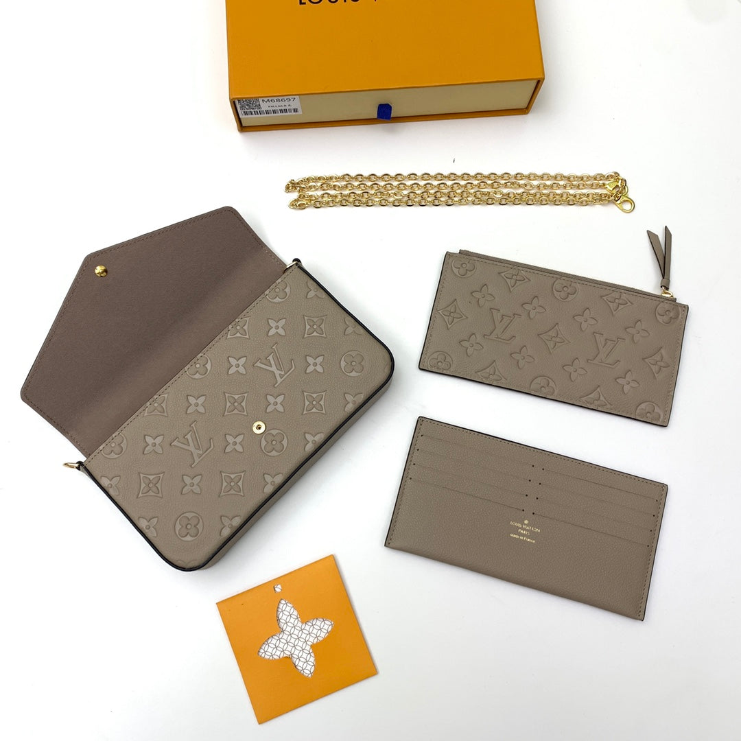 Louis Vuitton Taupe Embossed Leather Crossbody Envelope Bag with Gold Chain Strap