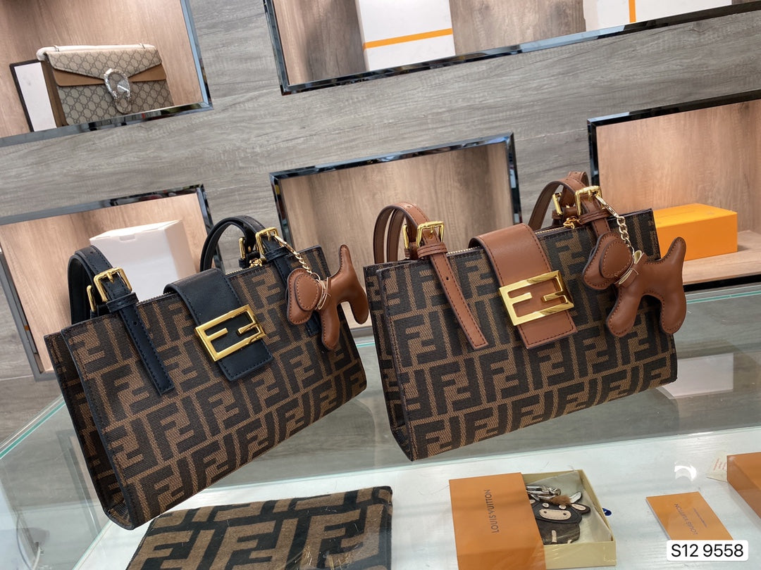 Fendi FF Monogram Canvas Baguette Bag with Leather Trim and Dog Charm