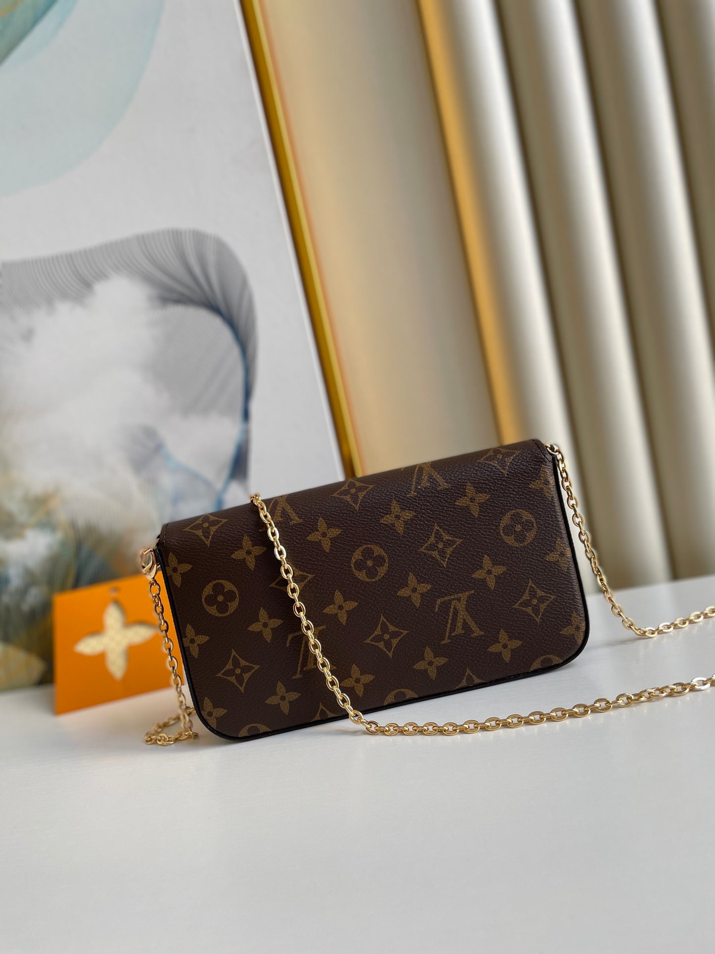 Louis Vuitton Classic Monogram Print Envelope Crossbody Bag with Gold Chain Strap