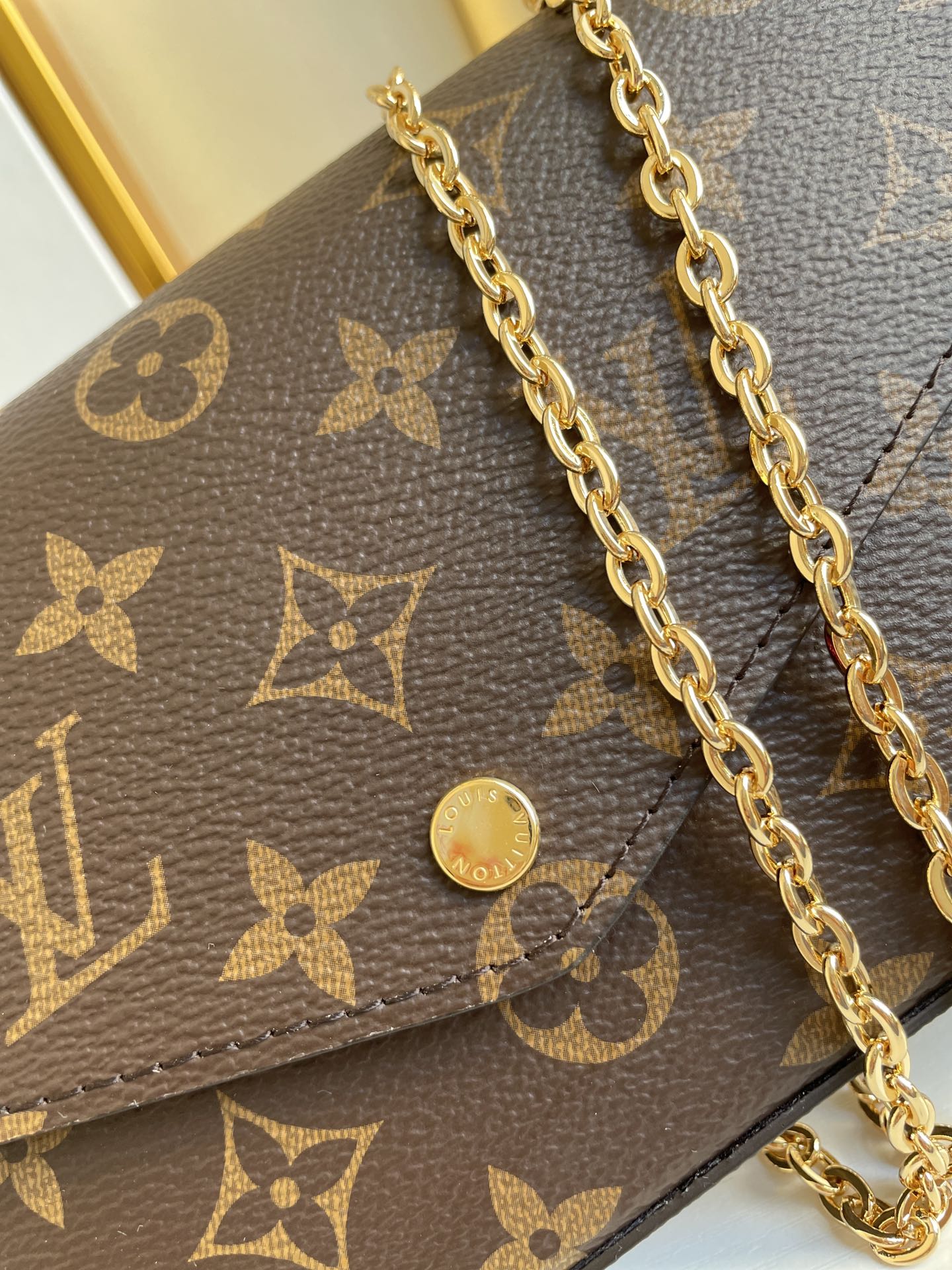 Louis Vuitton Classic Monogram Print Envelope Crossbody Bag with Gold Chain Strap