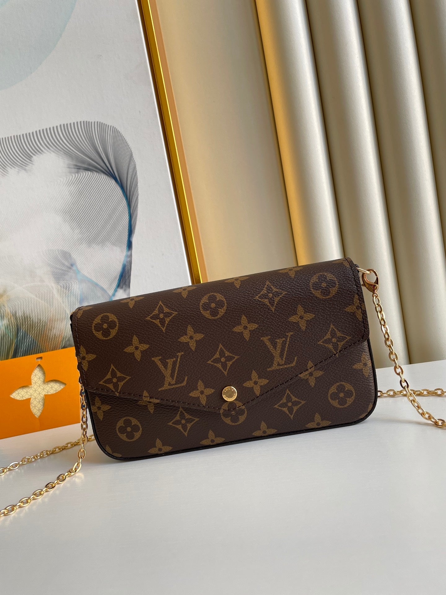 Louis Vuitton Classic Monogram Print Envelope Crossbody Bag with Gold Chain Strap