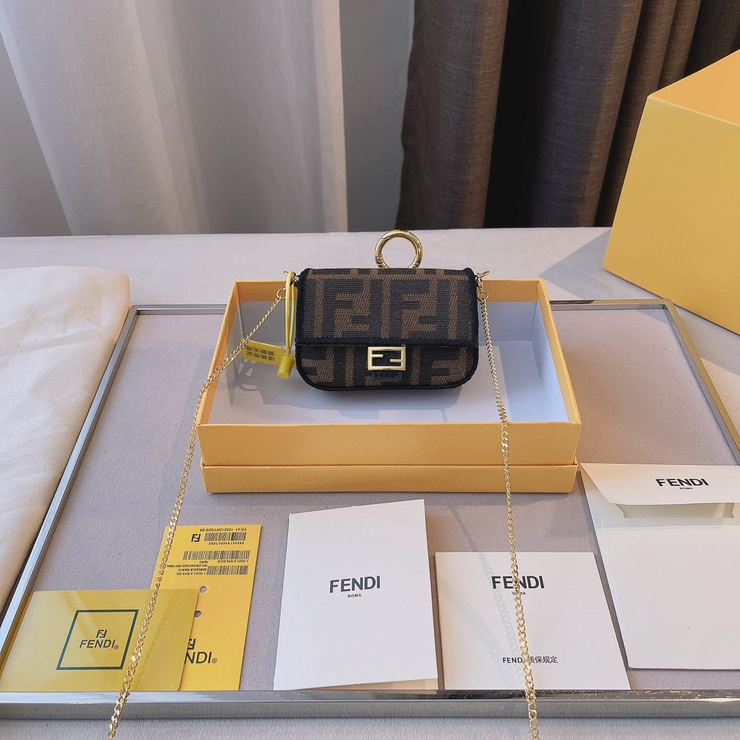 Fendi Nano Baguette Charm - Brown FF Fabric Micro Bag with Chain