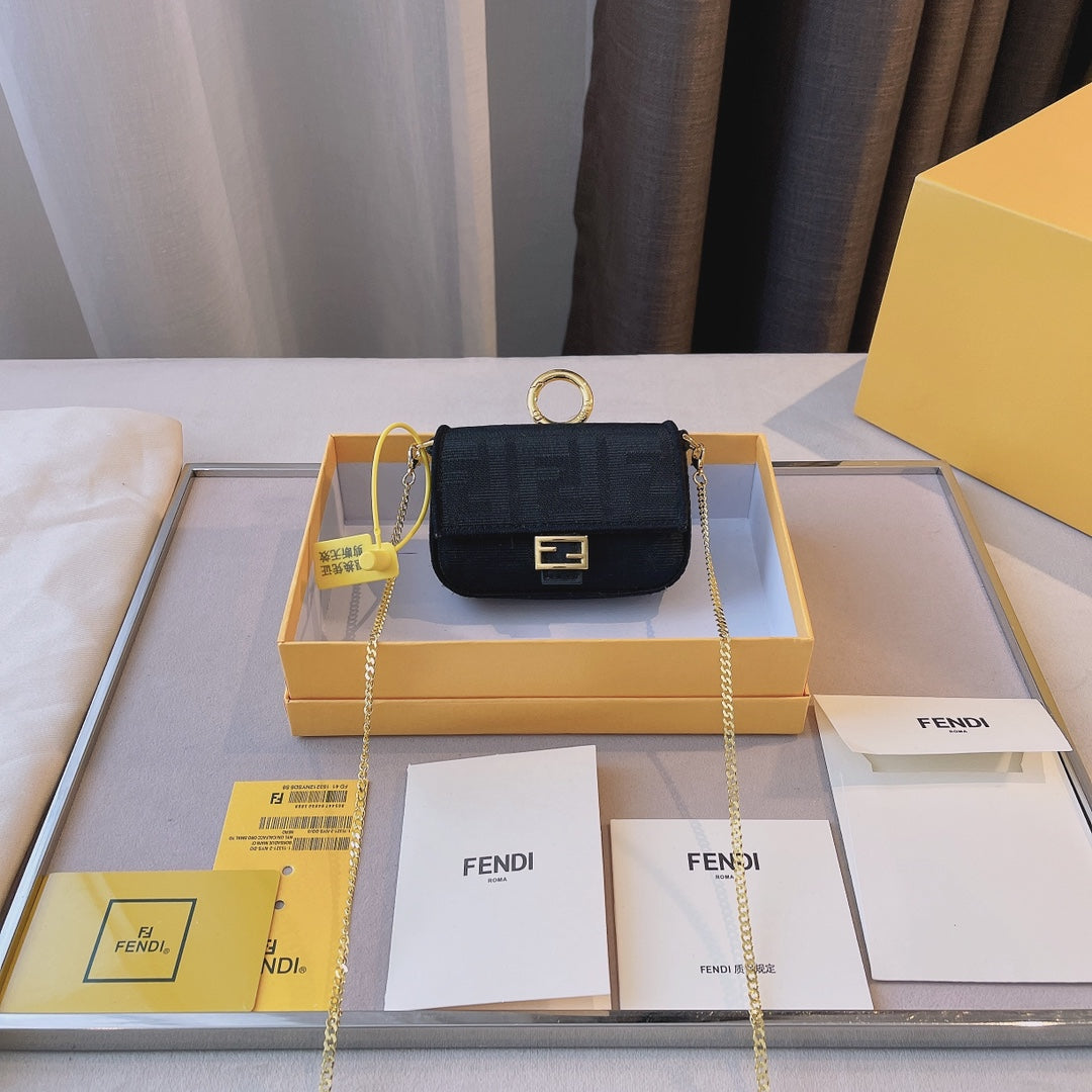Fendi Nano Baguette Charm in Brown FF Fabric with Gold-Tone Chain