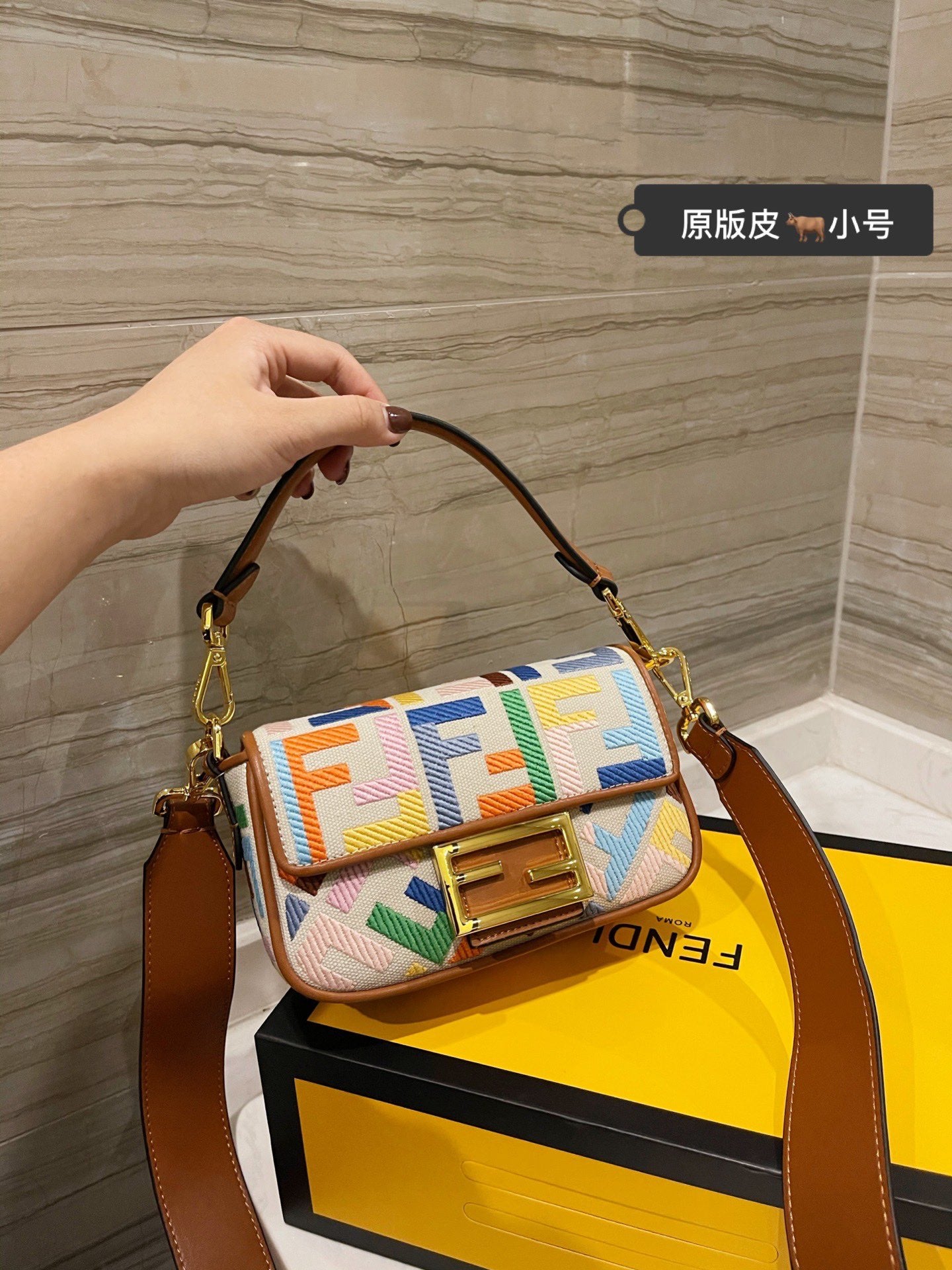 Fendi Baguette Multicolor Monogram Canvas Small Handbag with Leather Trim