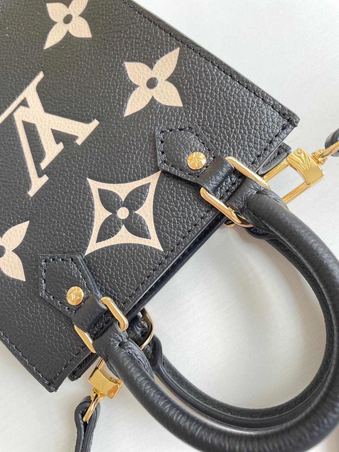 Louis Vuitton Luxury Black Leather Mini Tote Bag with Gold Monogram Flower Embellishments