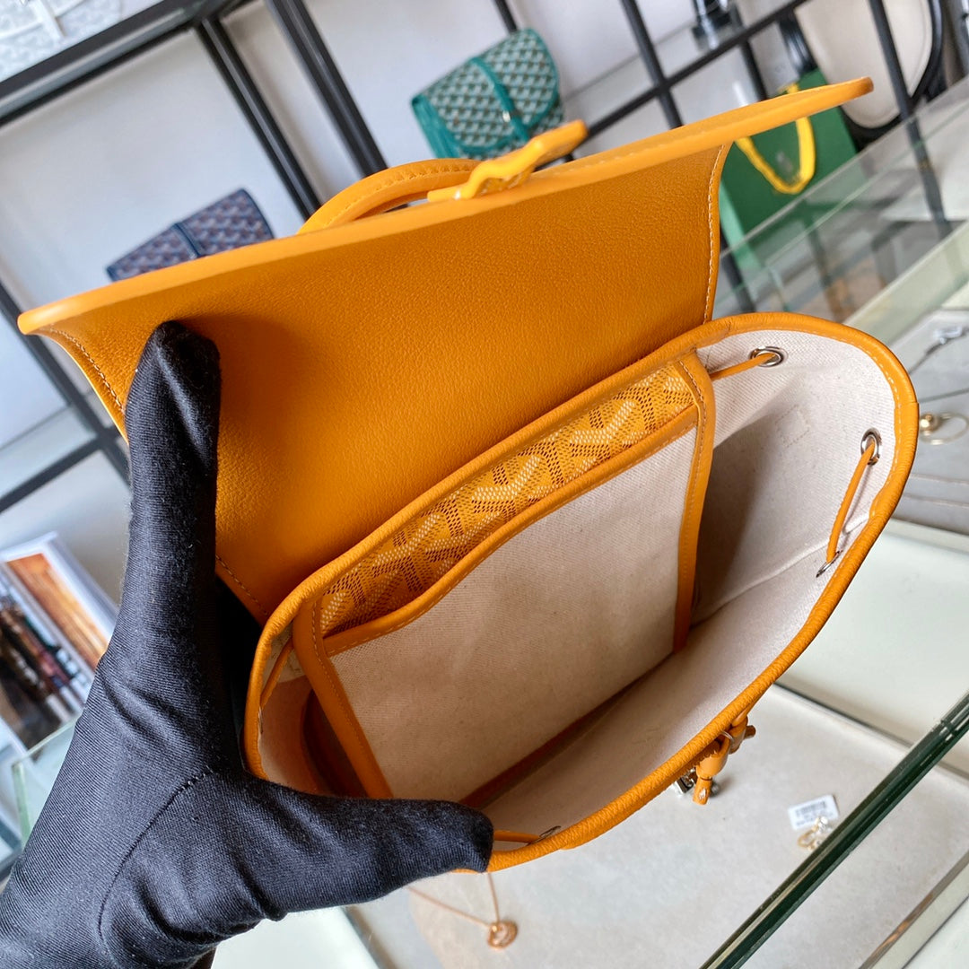 Gogy Yellow Geometric Chevron Print Leather Bucket Bag with Top Handle