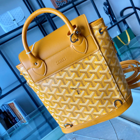 Gogy Yellow Geometric Chevron Print Leather Bucket Bag with Top Handle