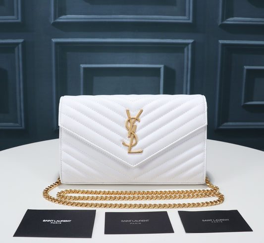 Saint Laurent Cassandre Matelassé Chain Wallet in White Grain de Poudre Leather with Gold Hardware