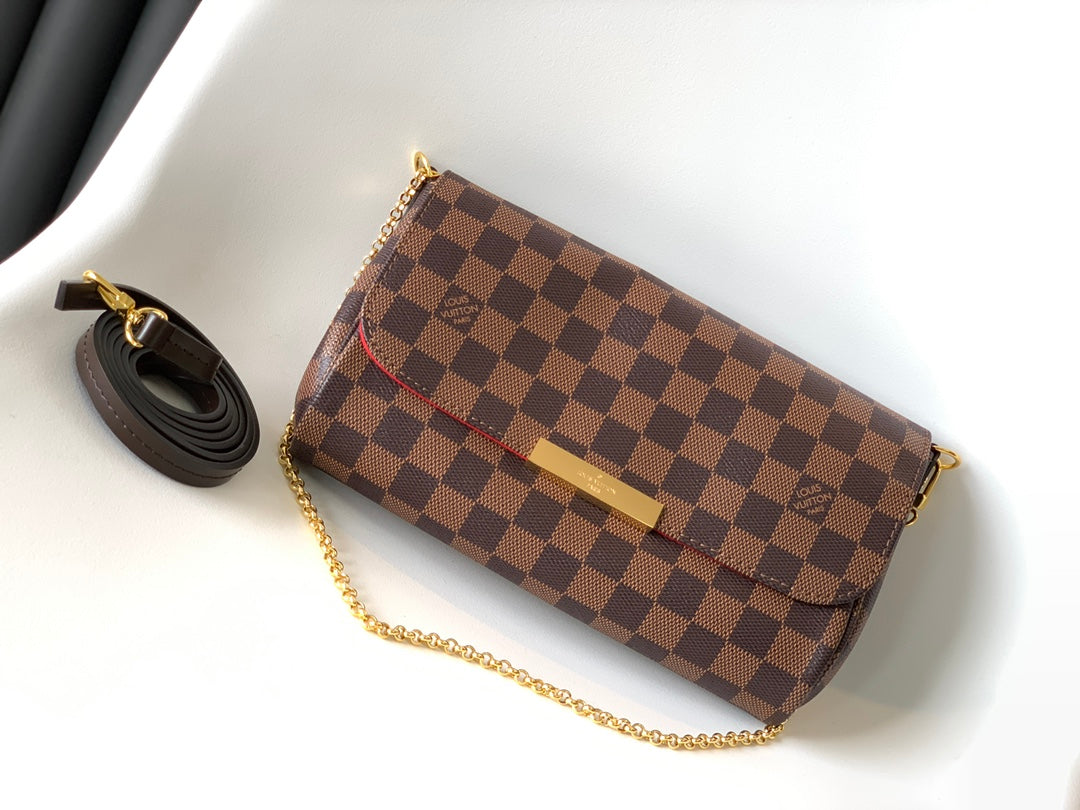 Louis Vuitton Brown Checkered Crossbody Shoulder Bag with Gold Chain Strap
