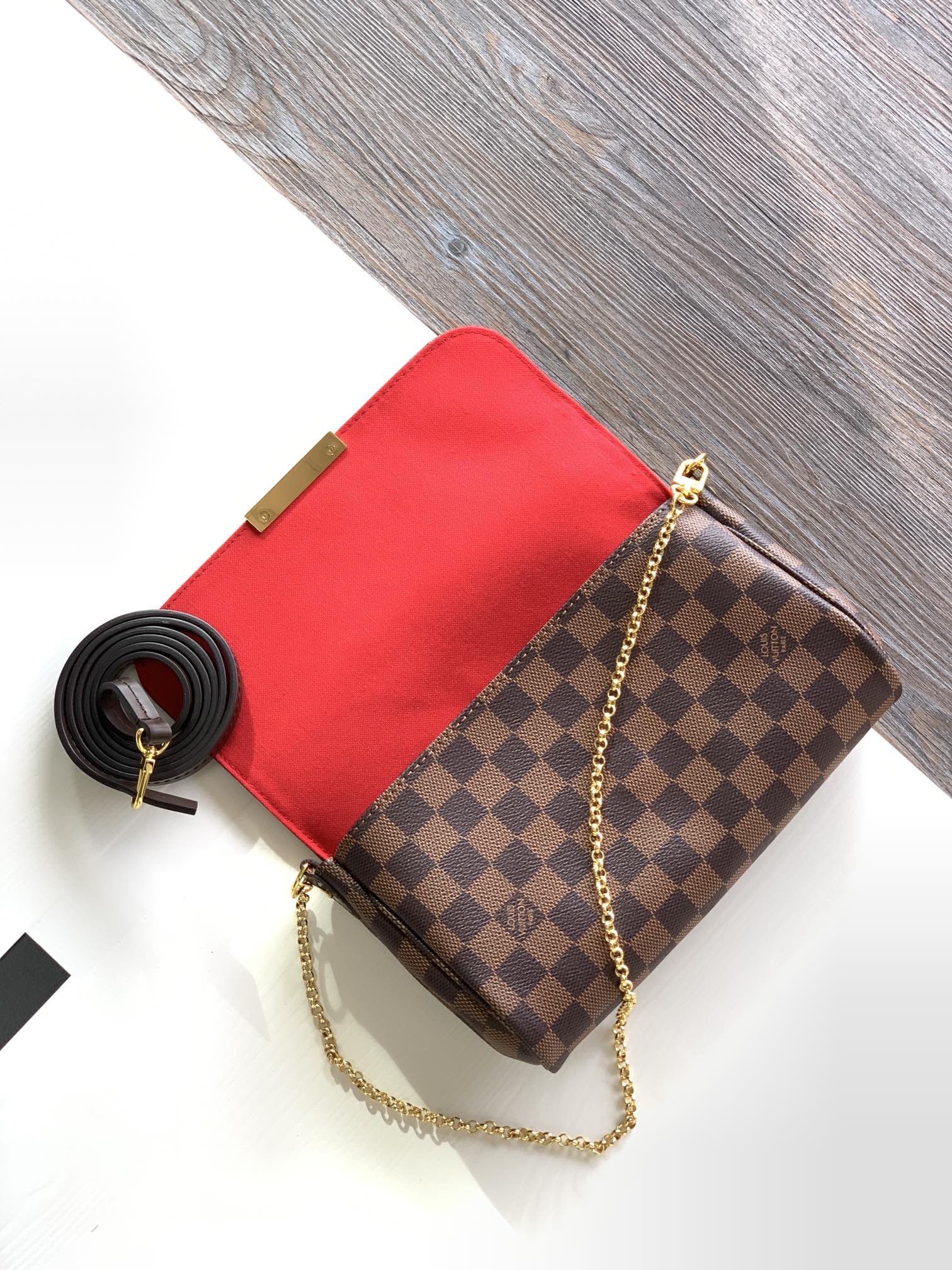 Louis Vuitton Brown Checkered Crossbody Shoulder Bag with Gold Chain Strap