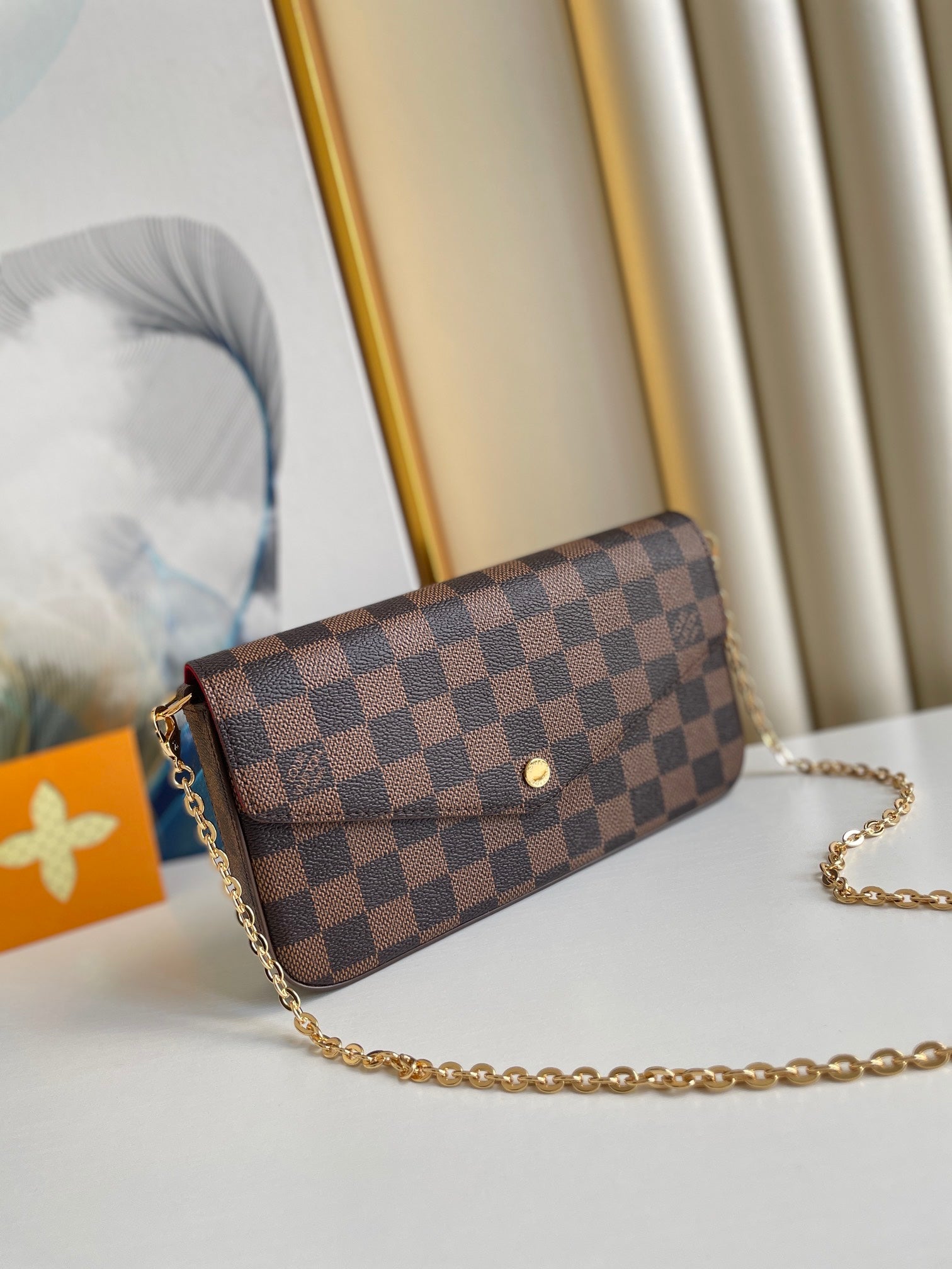Louis Vuitton Classic Brown Checkerboard Envelope Clutch with Gold Chain Strap