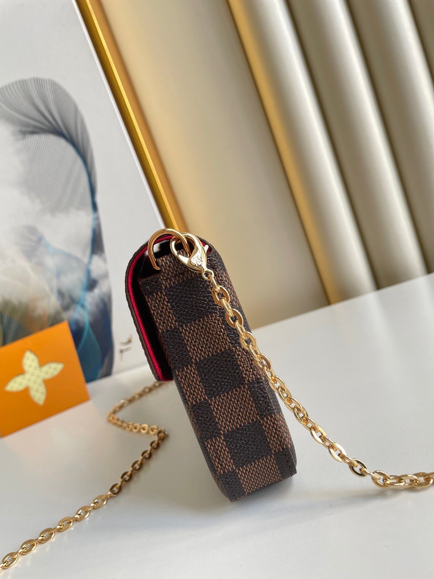 Louis Vuitton Classic Brown Checkerboard Envelope Clutch with Gold Chain Strap