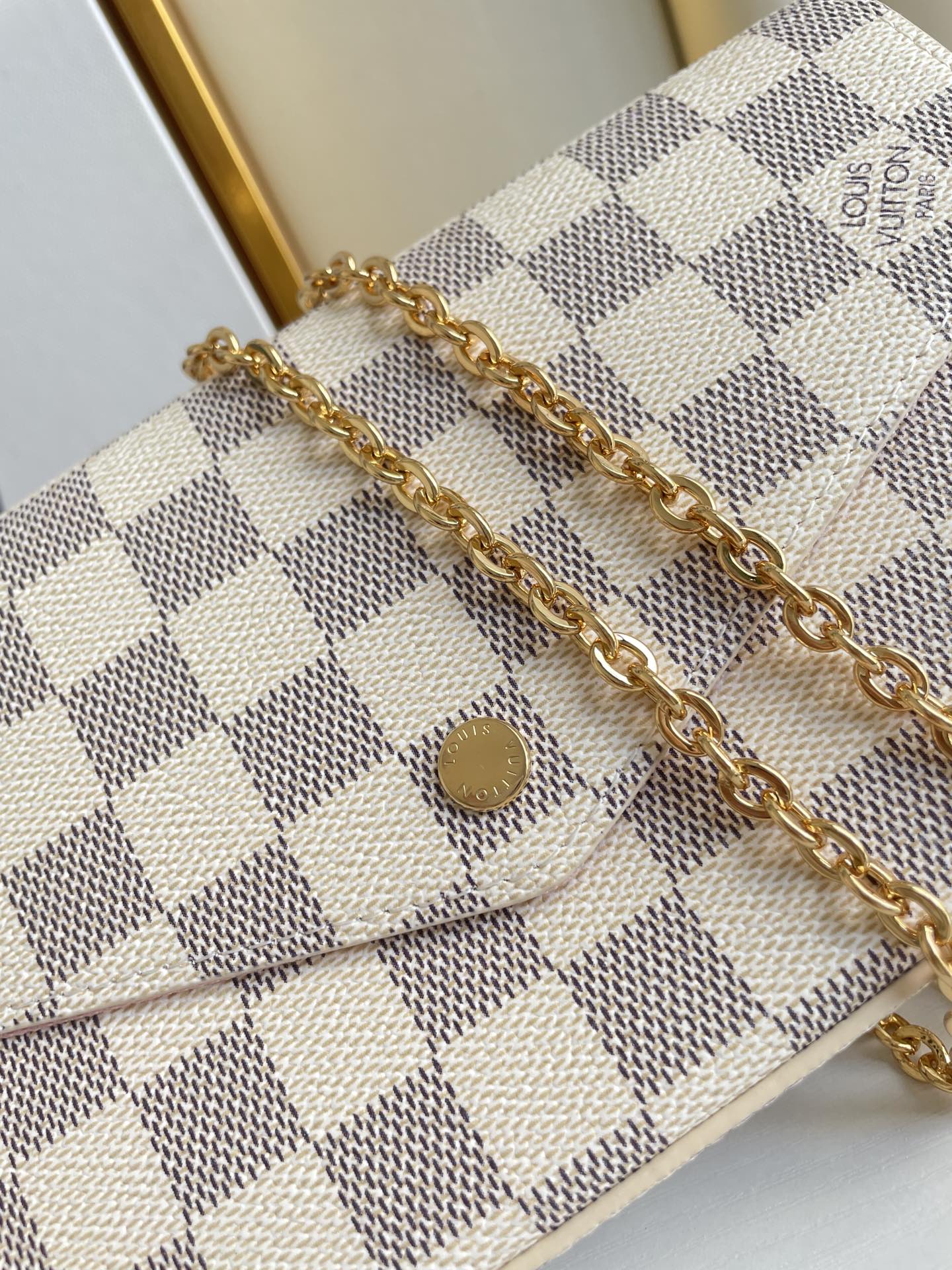 Louis Vuitton Classic Checkerboard Envelope Clutch Bag with Gold Chain Strap