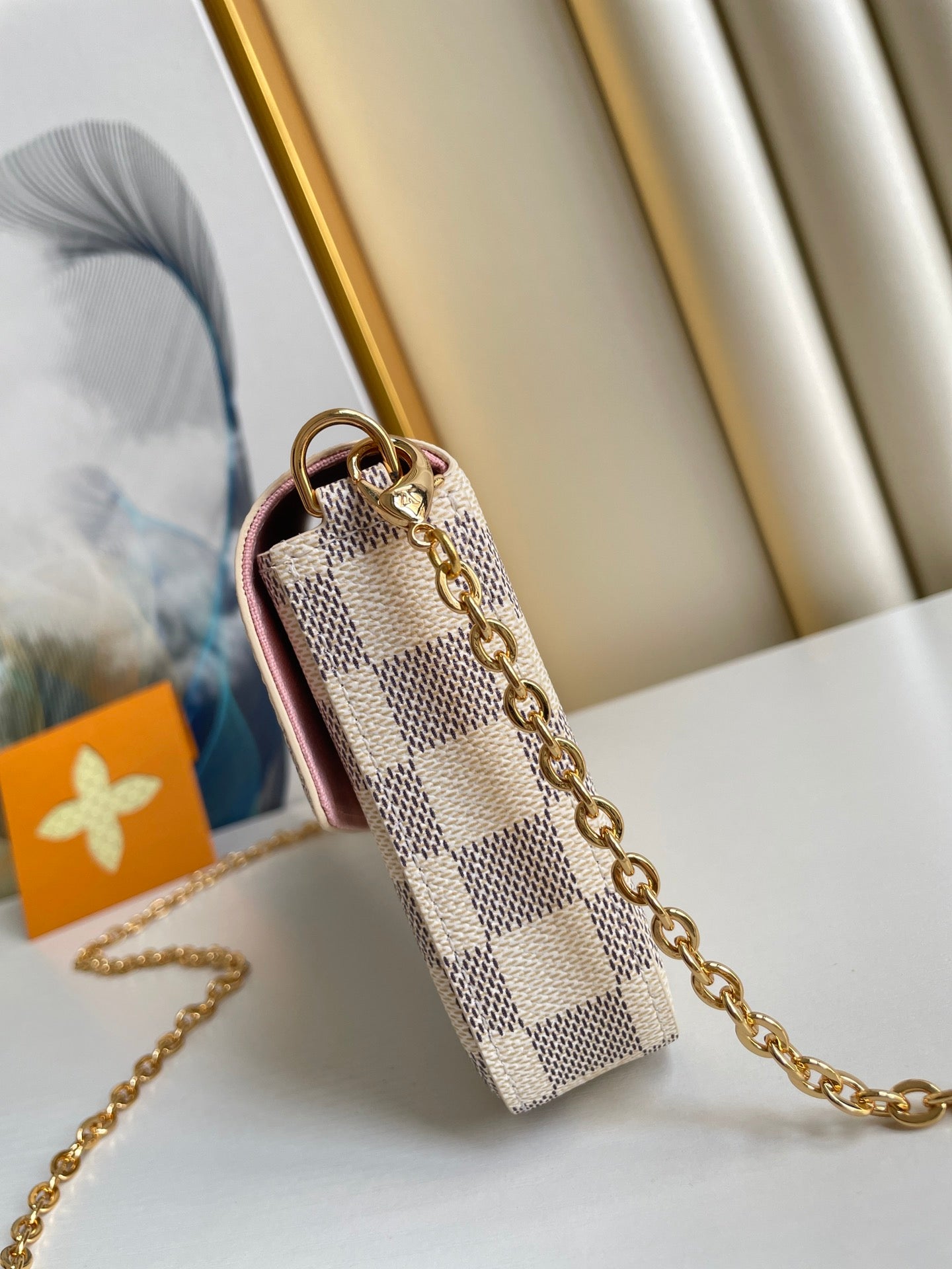 Louis Vuitton Classic Checkerboard Envelope Clutch Bag with Gold Chain Strap
