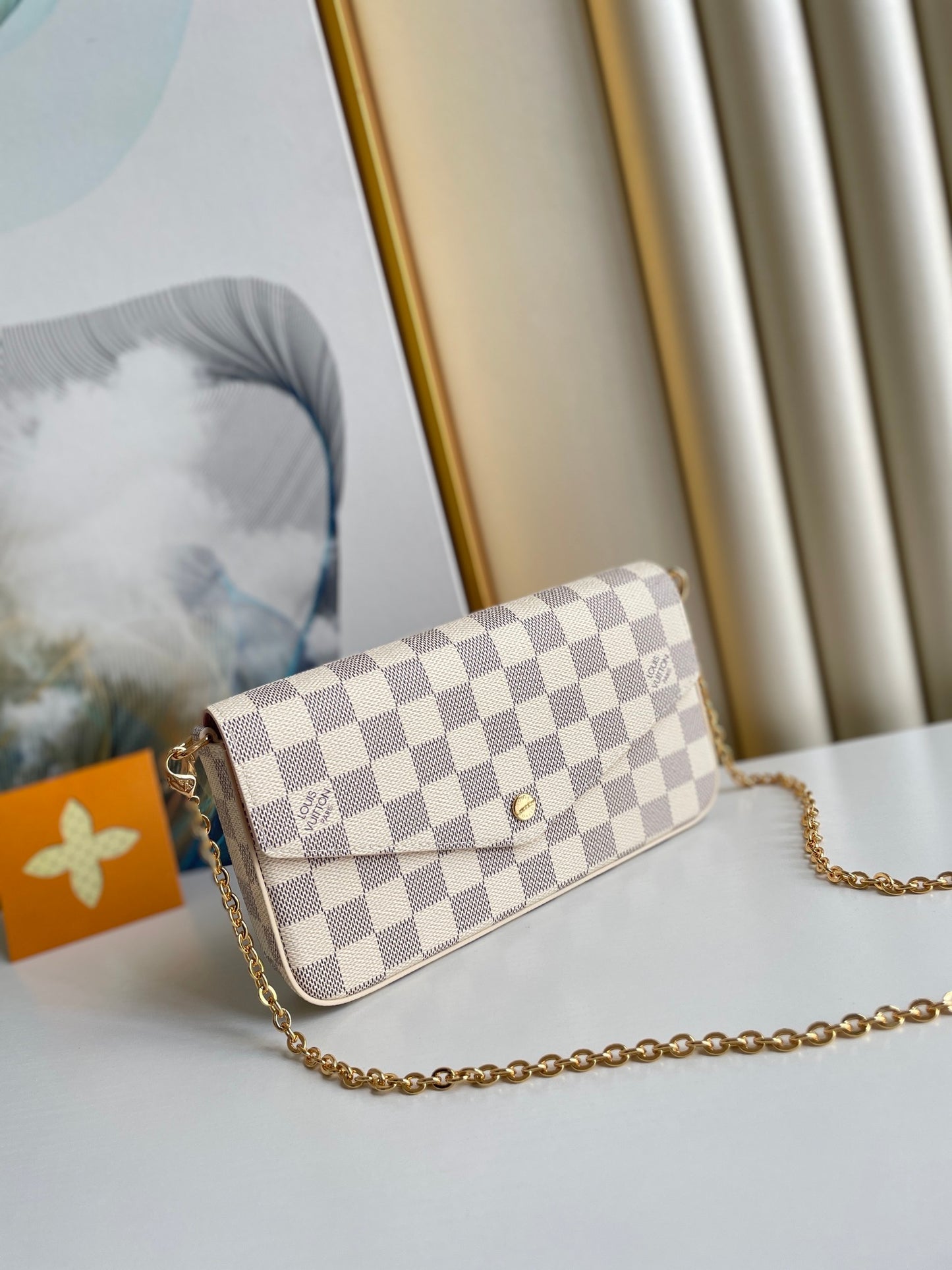 Louis Vuitton Classic Checkerboard Envelope Clutch Bag with Gold Chain Strap