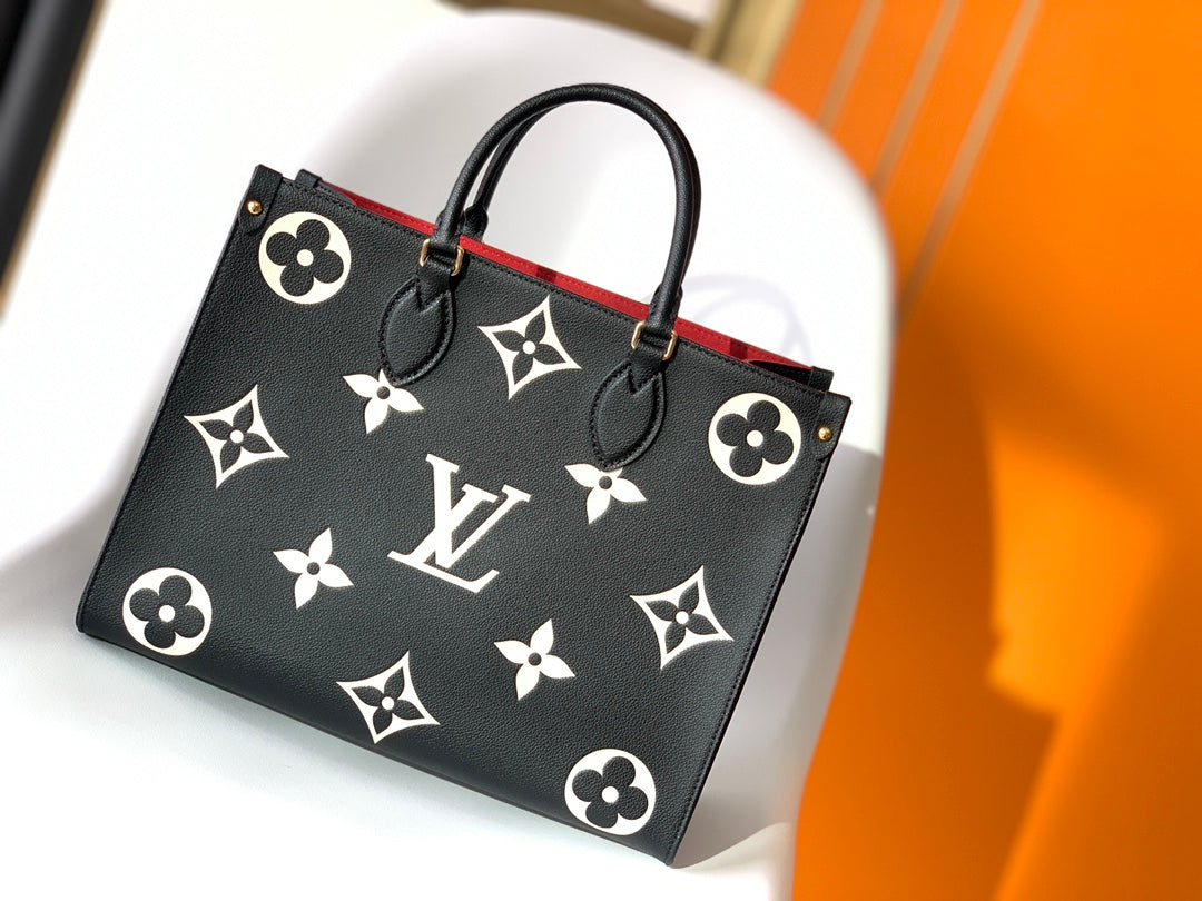 Louis Vuitton Luxury Black Leather Monogram Pattern Shoulder Tote Bag
