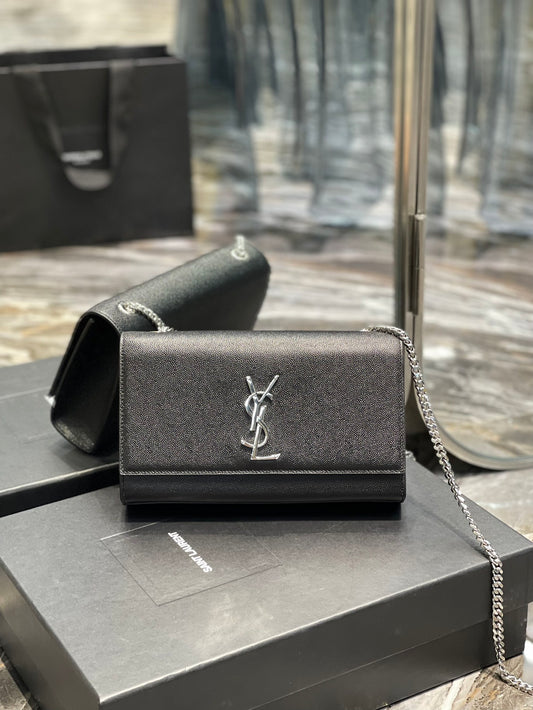Saint Laurent Sunset Chain Wallet in Grain de Poudre Embossed Leather - Black