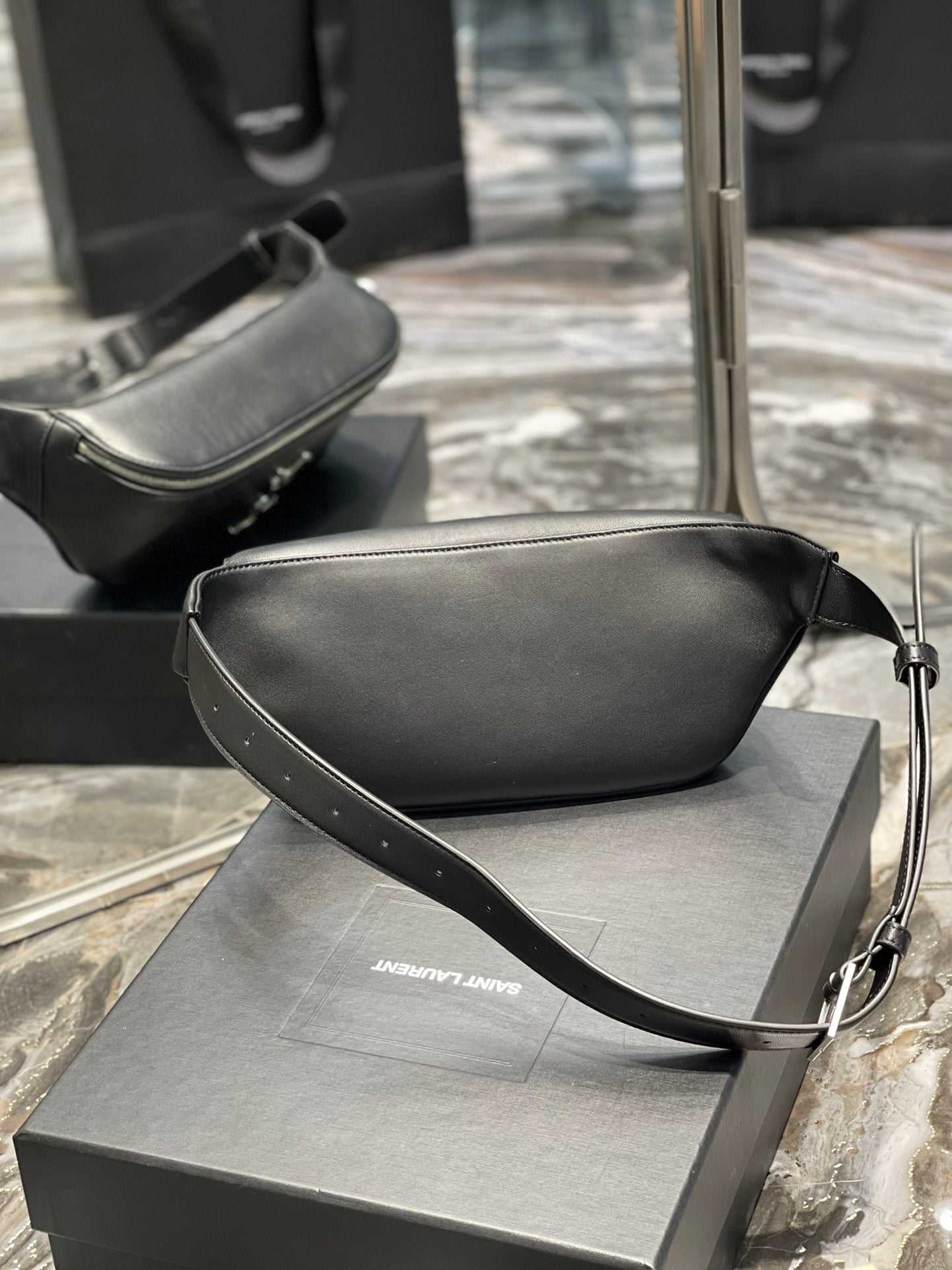 Saint Laurent Cassandre Leather Belt Bag in Black with Silver Hardware