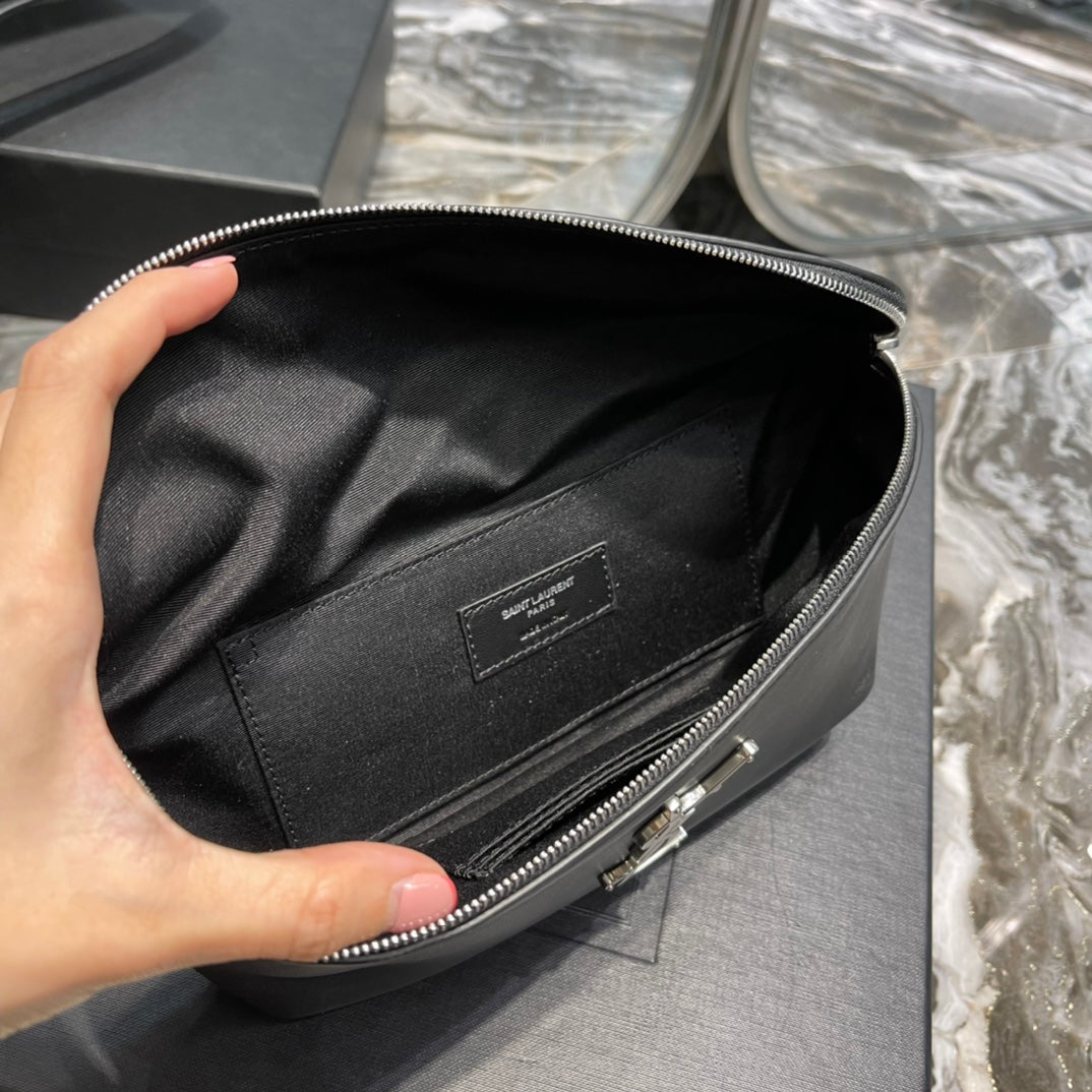 Saint Laurent Cassandre Leather Belt Bag in Black with Silver Hardware