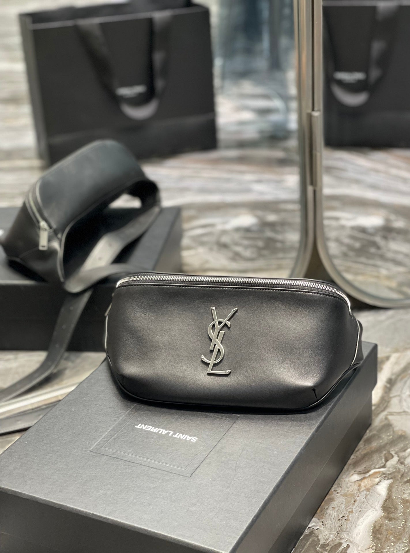 Saint Laurent Cassandre Leather Belt Bag in Black with Silver Hardware