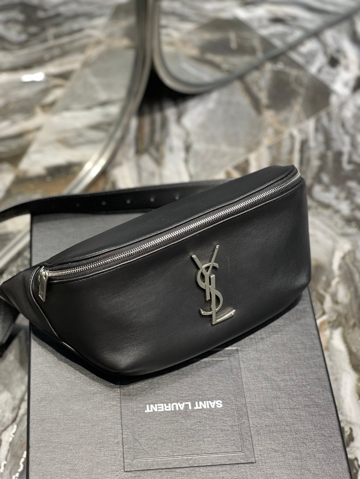 Saint Laurent Cassandre Leather Belt Bag in Black with Silver Hardware