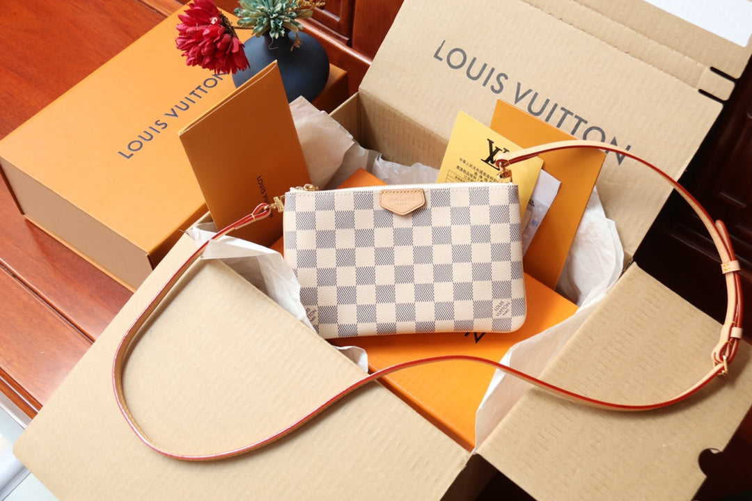 Louis Vuitton White and Grey Checkered Mini Crossbody Bag with Leather Strap