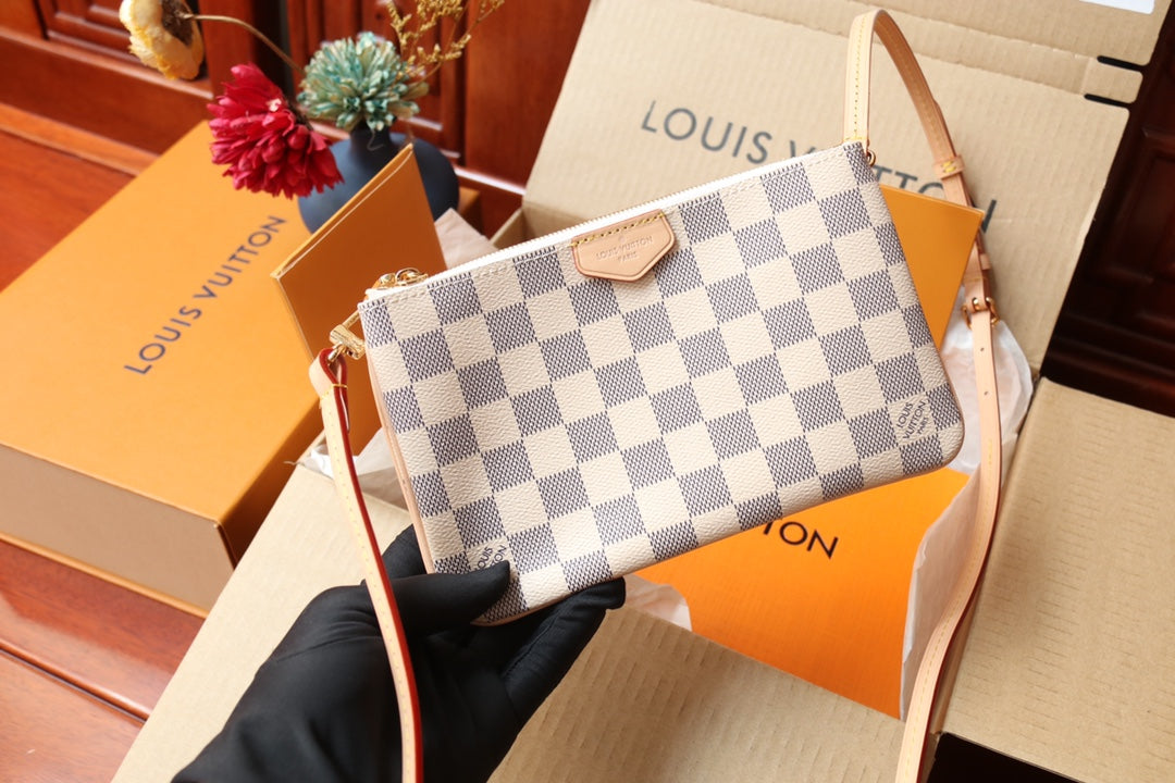 Louis Vuitton White and Grey Checkered Mini Crossbody Bag with Leather Strap
