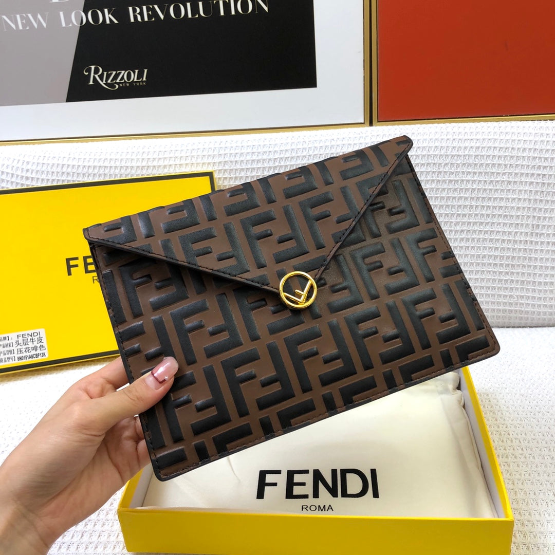 Fendi Brown FF Embossed Leather Envelope Clutch Pouch with Packaging