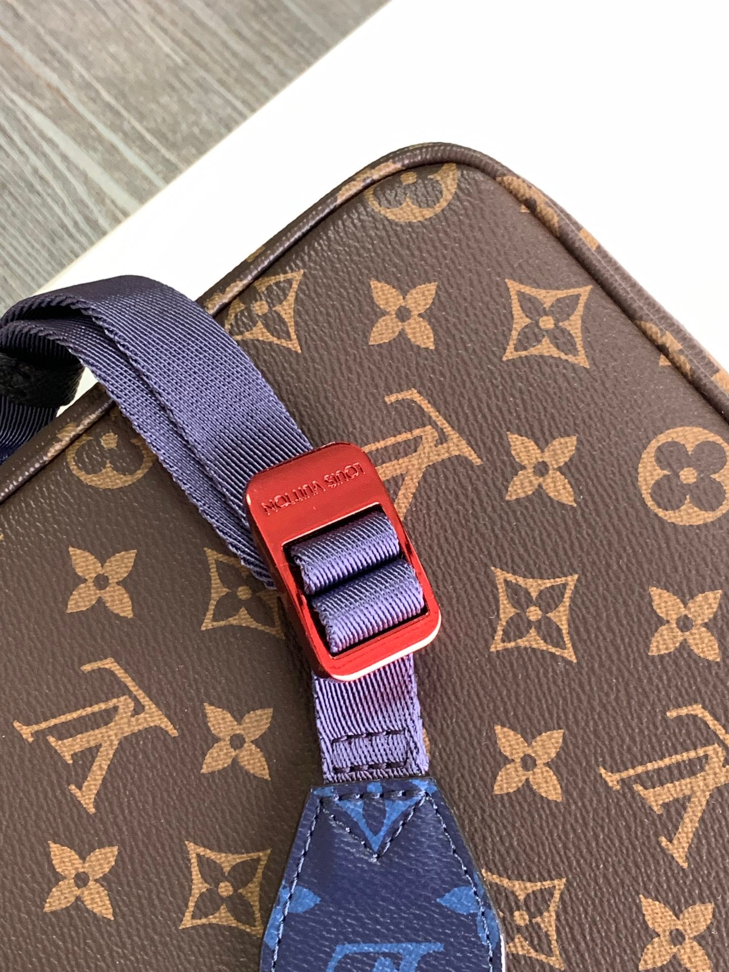 Louis Vuitton Brown Monogram Pattern Crossbody Messenger Bag with Blue Accent