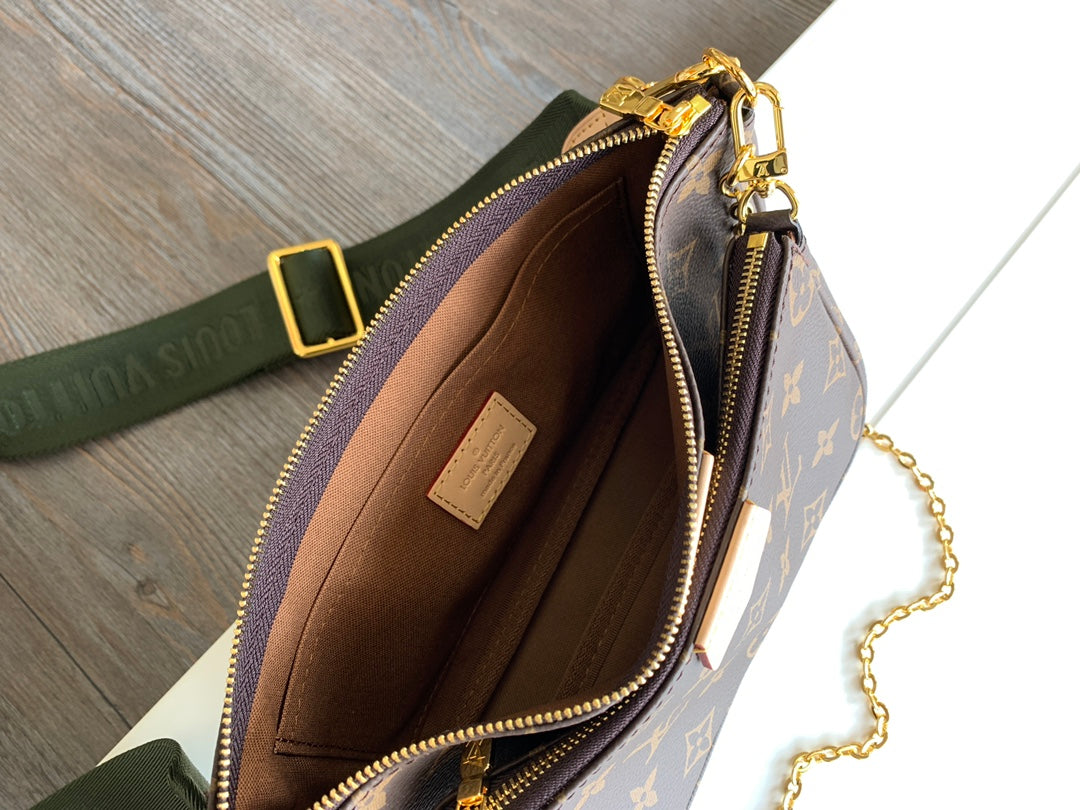 Louis Vuitton Classic Monogram Canvas Double Pouch Crossbody Bag with Green Strap