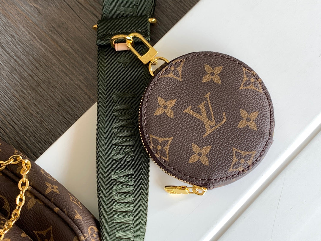 Louis Vuitton Classic Monogram Canvas Double Pouch Crossbody Bag with Green Strap
