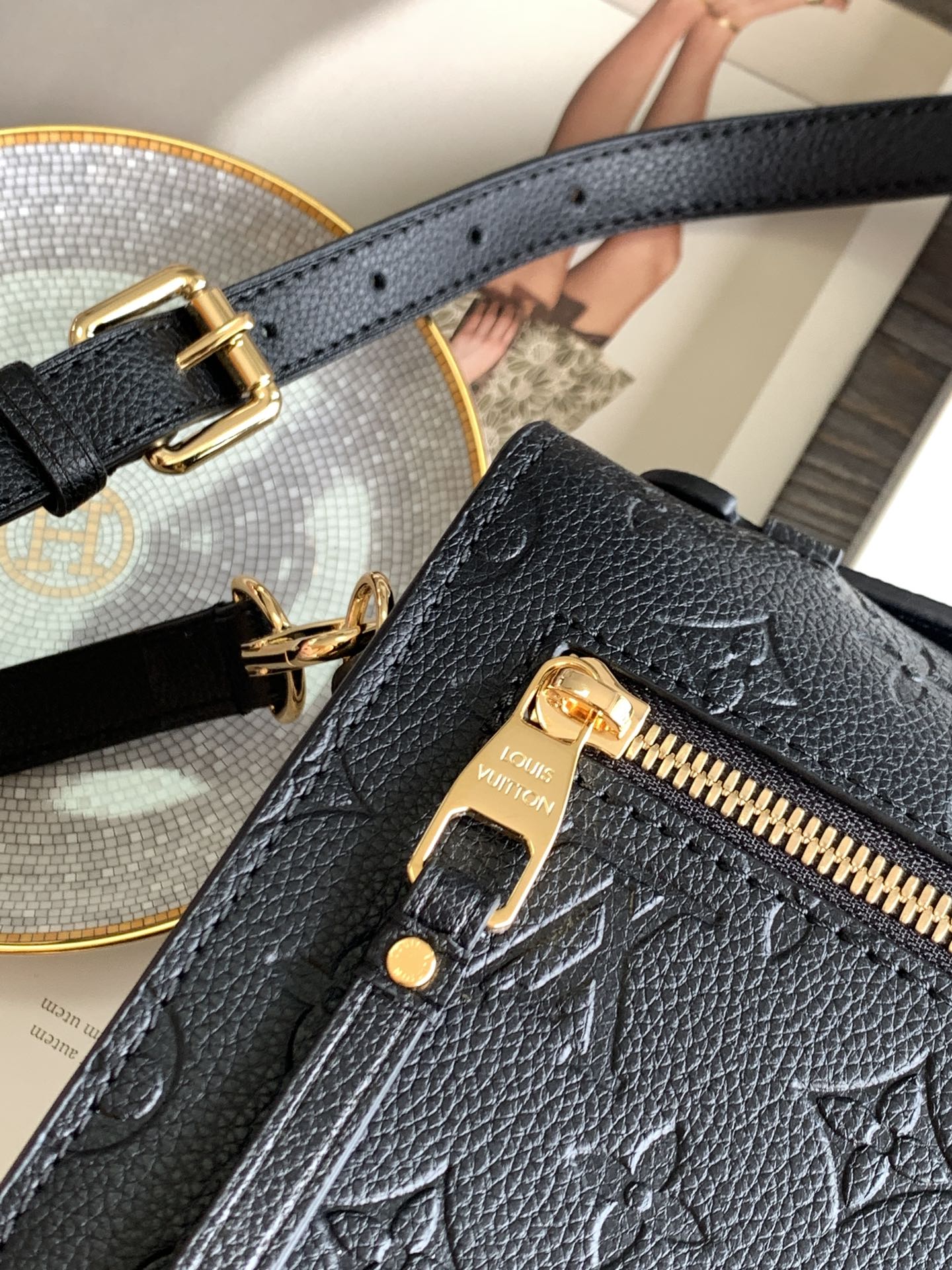 Louis Vuitton Black Embossed Leather Satchel Crossbody Handbag with Gold Clasp