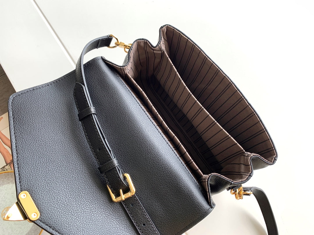 Louis Vuitton Black Embossed Leather Satchel Crossbody Handbag with Gold Clasp