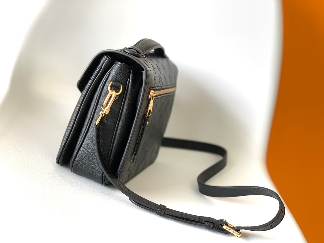 Louis Vuitton Black Embossed Leather Satchel Crossbody Handbag with Gold Clasp