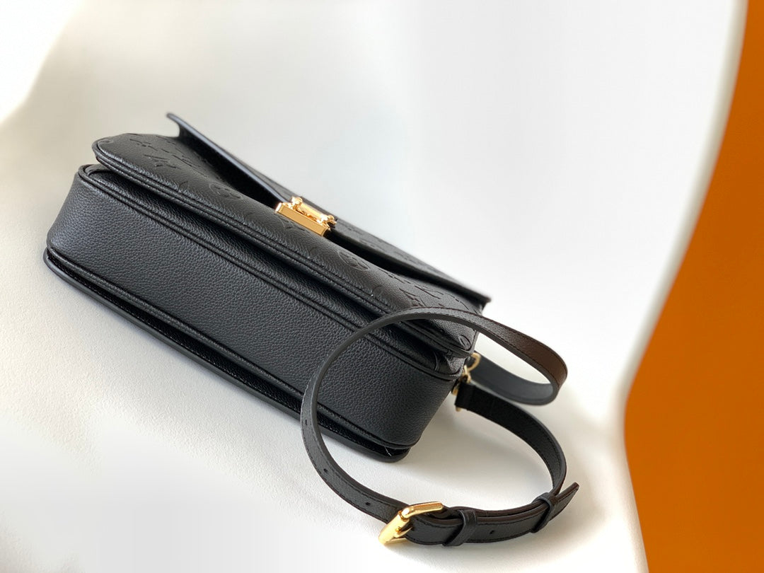 Louis Vuitton Black Embossed Leather Satchel Crossbody Handbag with Gold Clasp