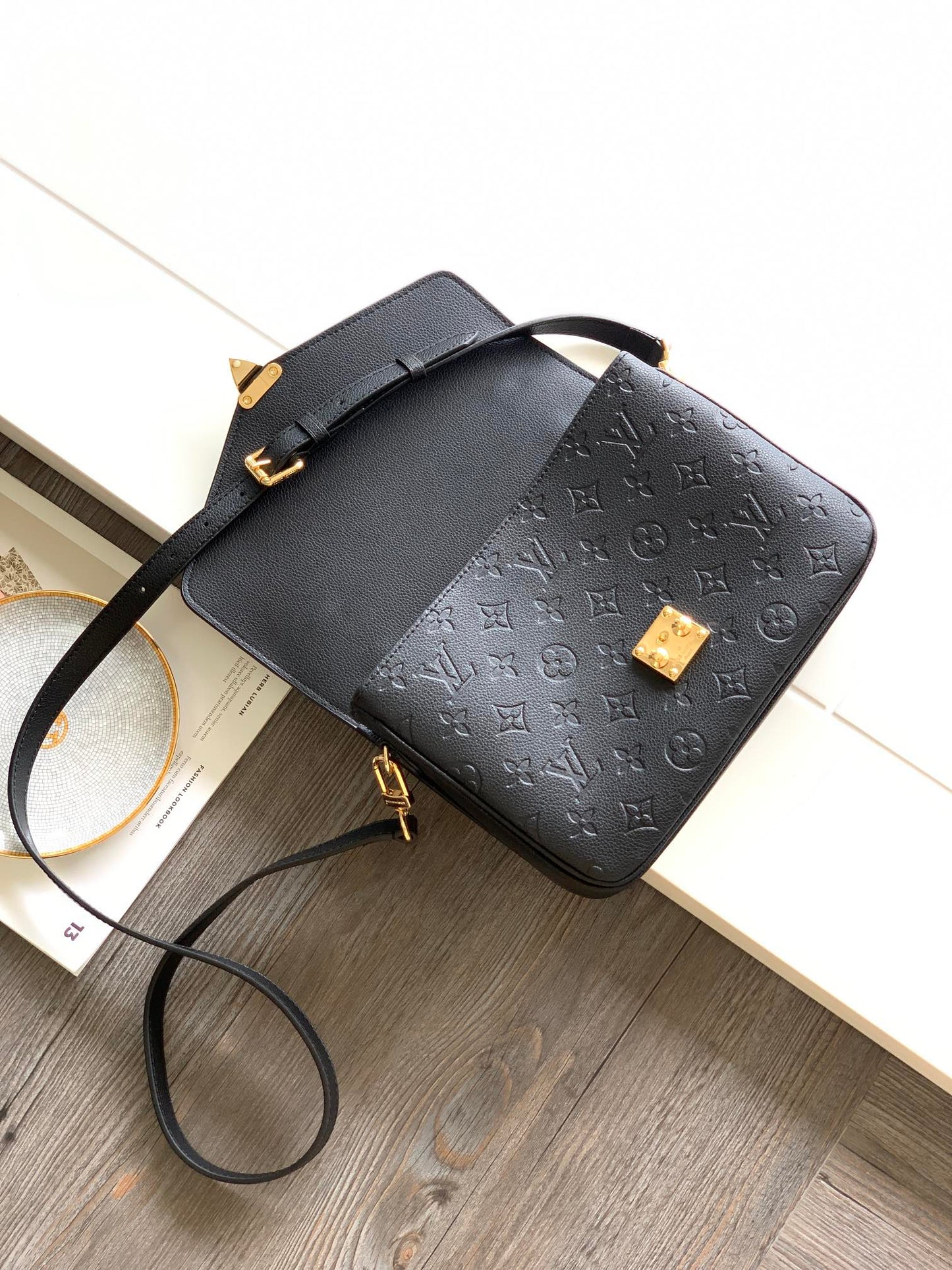 Louis Vuitton Black Embossed Leather Satchel Crossbody Handbag with Gold Clasp