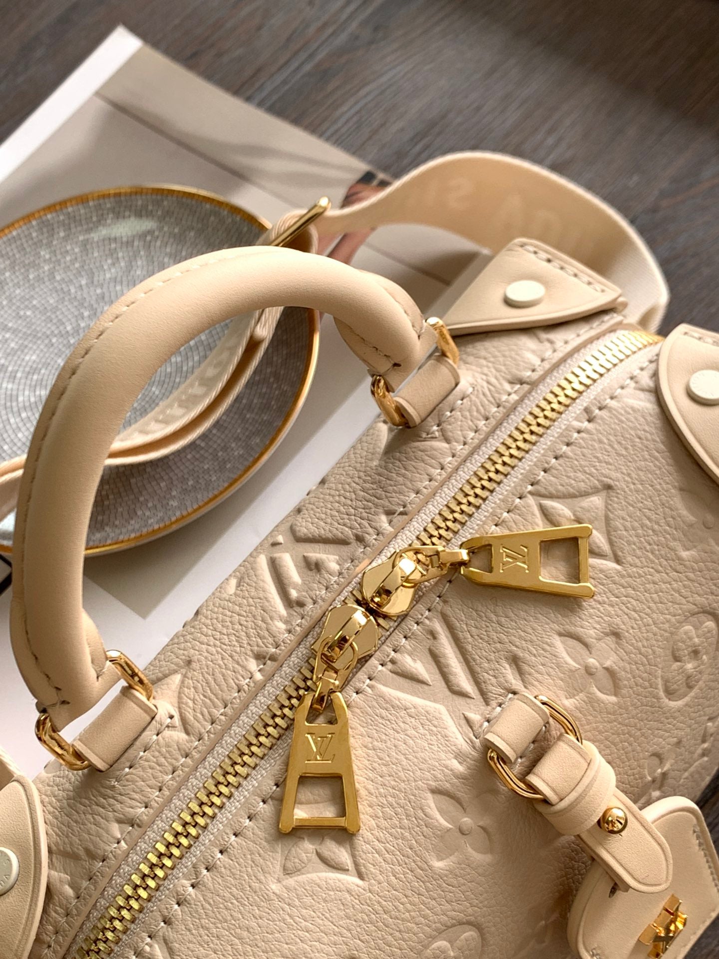 Louis Vuitton Beige Embossed Leather Trunk Bag with Wide Strap and Chain