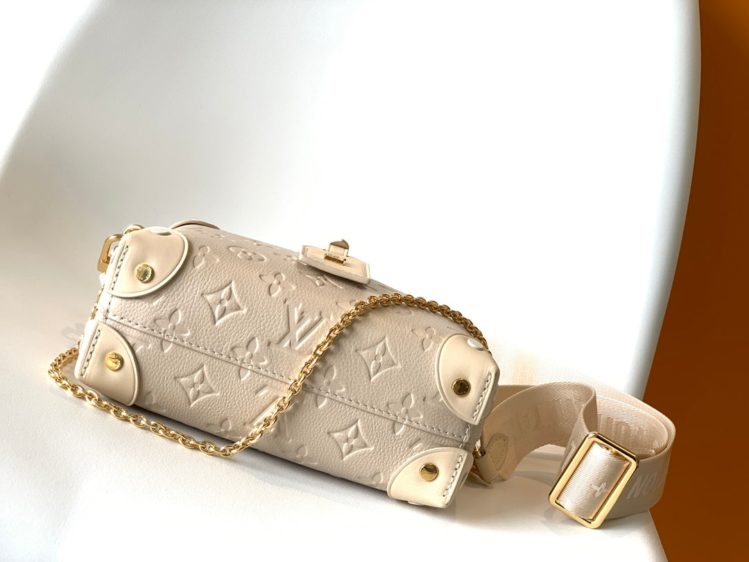 Louis Vuitton Beige Embossed Leather Trunk Bag with Wide Strap and Chain